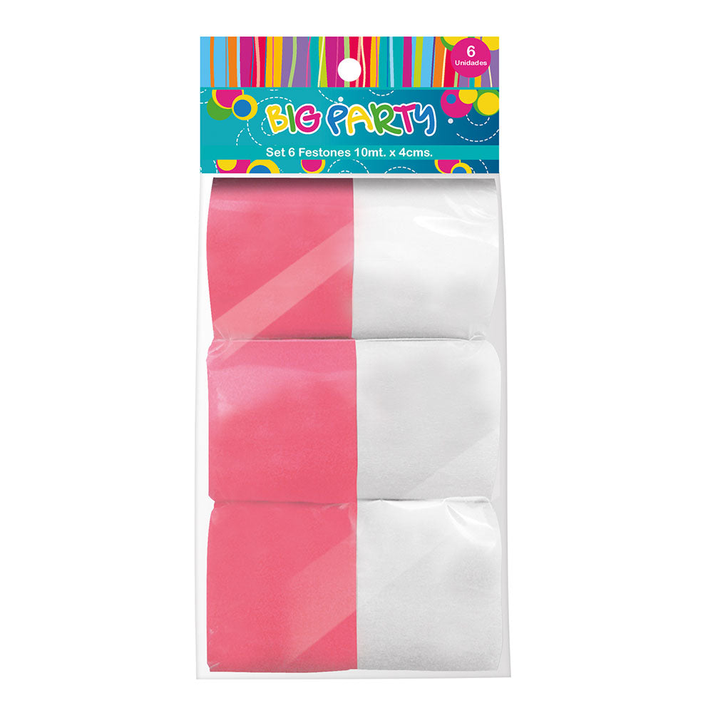 Set 6 Piezas Festón Rosado Con Blanco 10Mtsx4 cm | Big Party