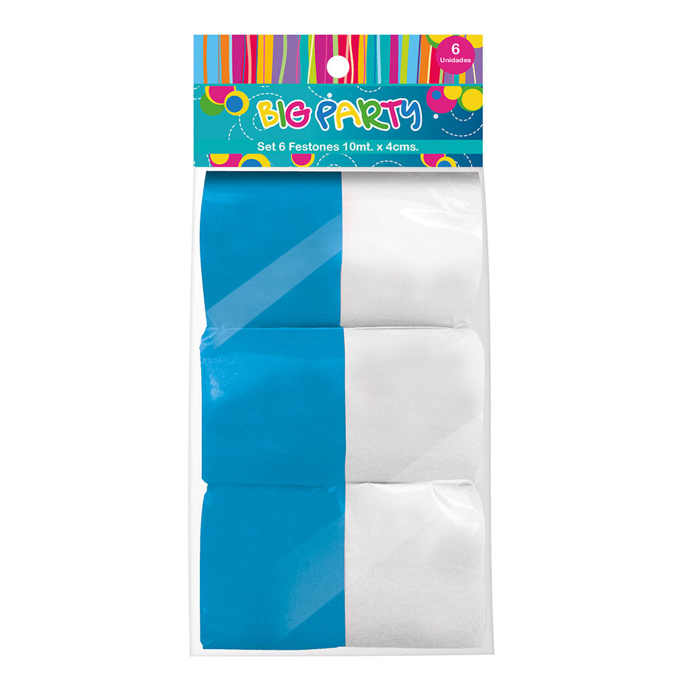 Set 6 Piezas Festón Celeste Con Blanco 10Mtsx4 cm | Big Party