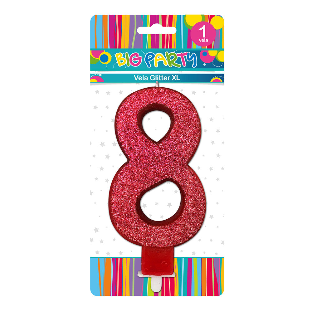 Vela Glitter N°8 XL 13 cm Gold/Silver/Red | Big Party