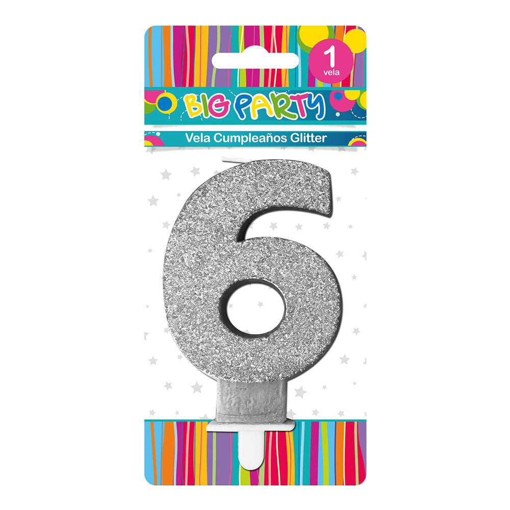 Vela Glitter N°6 8,5 cm Gold/Silver/Red | Big Party