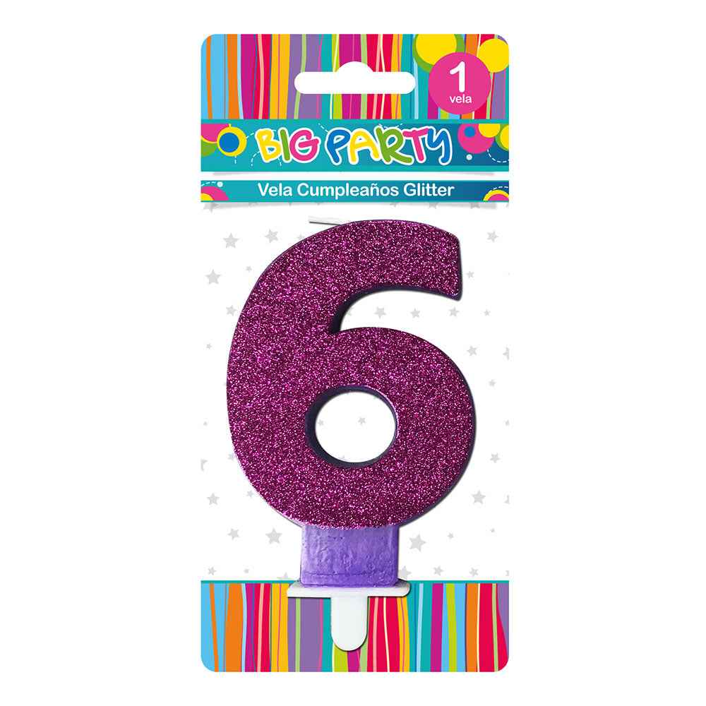 Vela Glitter N°6 Colores Surtidos 8,5 cm | Big Party