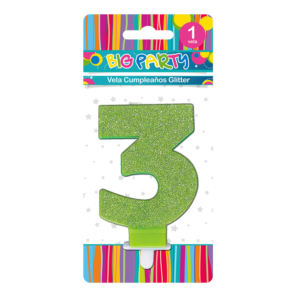 Vela Glitter N°3 Col Surt 8,5 cm | Big Party