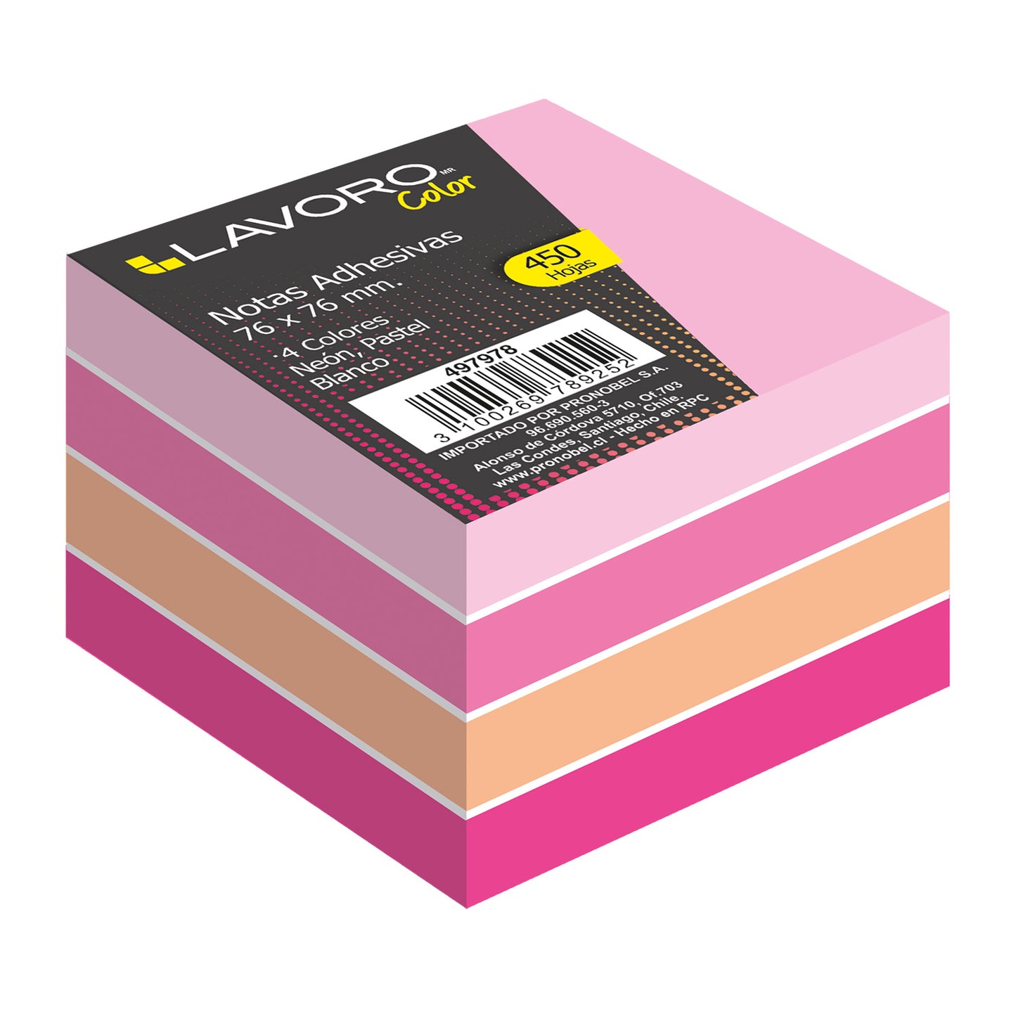 Nota Adhesiva 654 76x76 mm 450Hj 4Col.Rosado | Lavoro