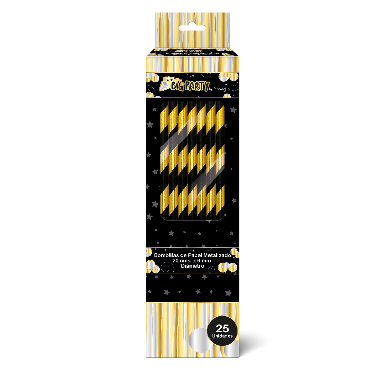 Bombilla Papel Lineas Negro-Dorado 25 unidades | Big Party