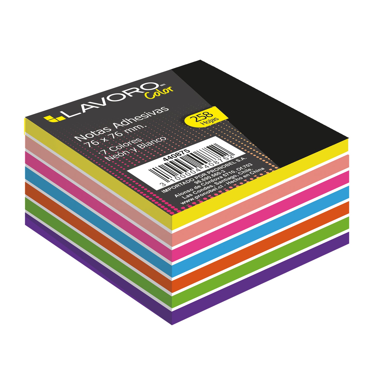 Nota Adhesiva 654 76x76mm 258Hjs 7Col Neón + Blanco | Lavoro