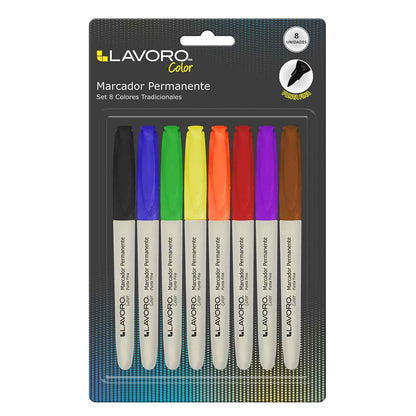 Marcador Permanente Desechable Set 8 Colores Tradicionales | Lavoro